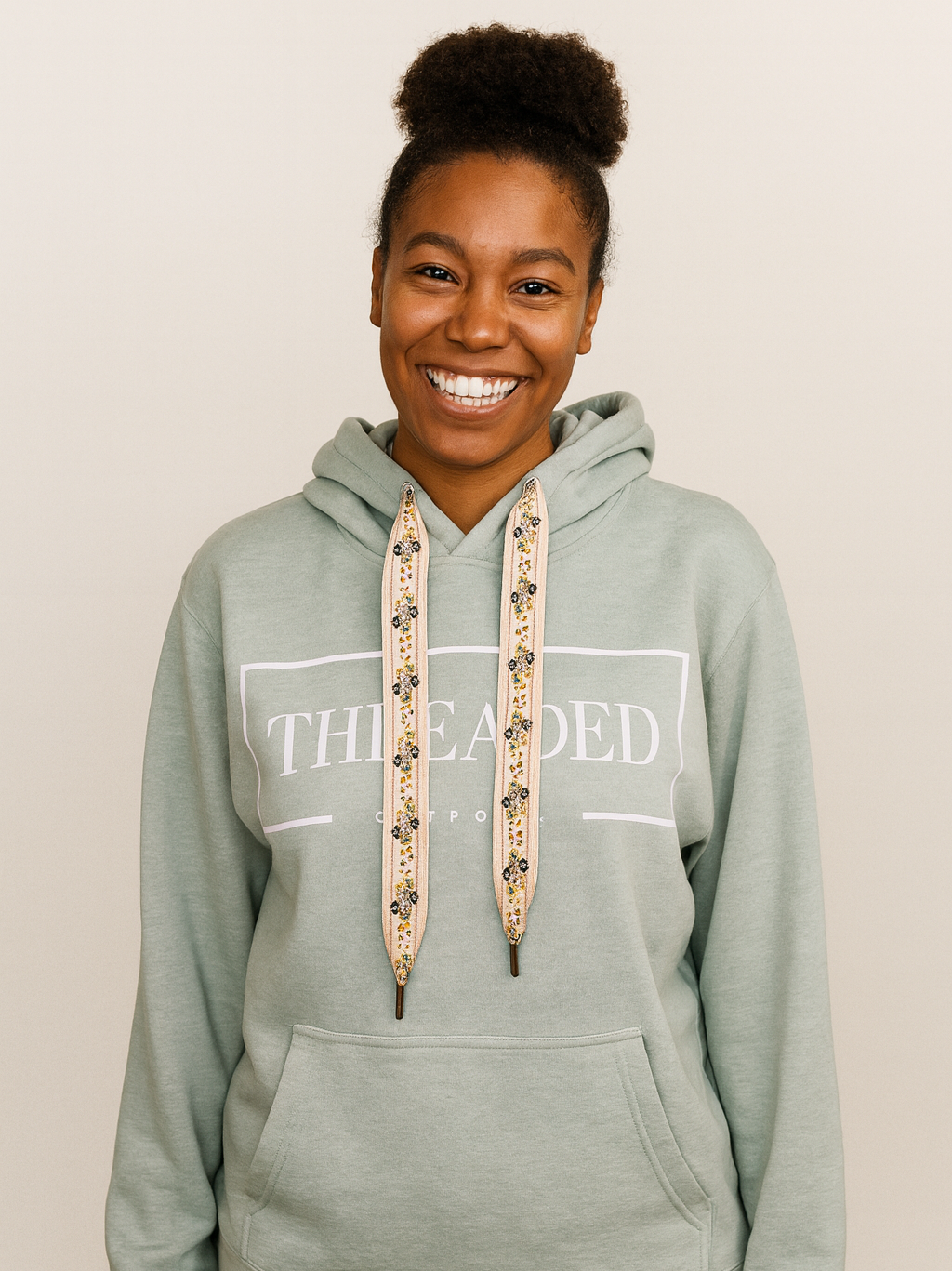 Sage OG Threaded Hoodie - Cream Floral Threads