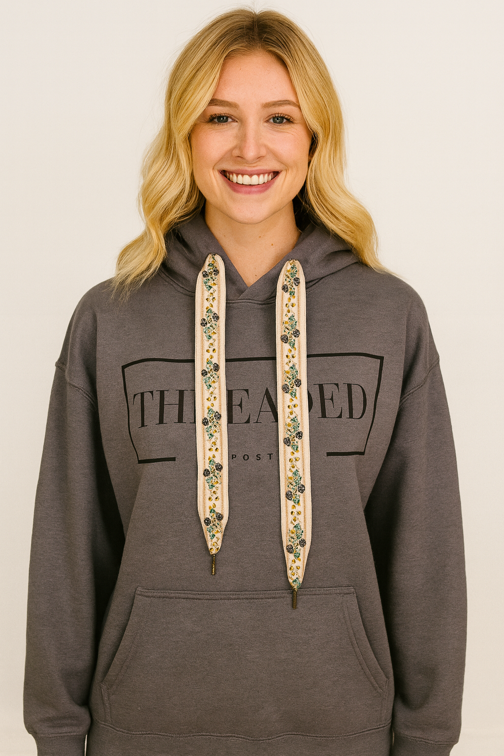 Gray OG Threaded Hoodie -  Cream Floral Threads